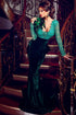 Shimmering Green V Neck Lace Bodice Velvet Maxi Mermaid Dress